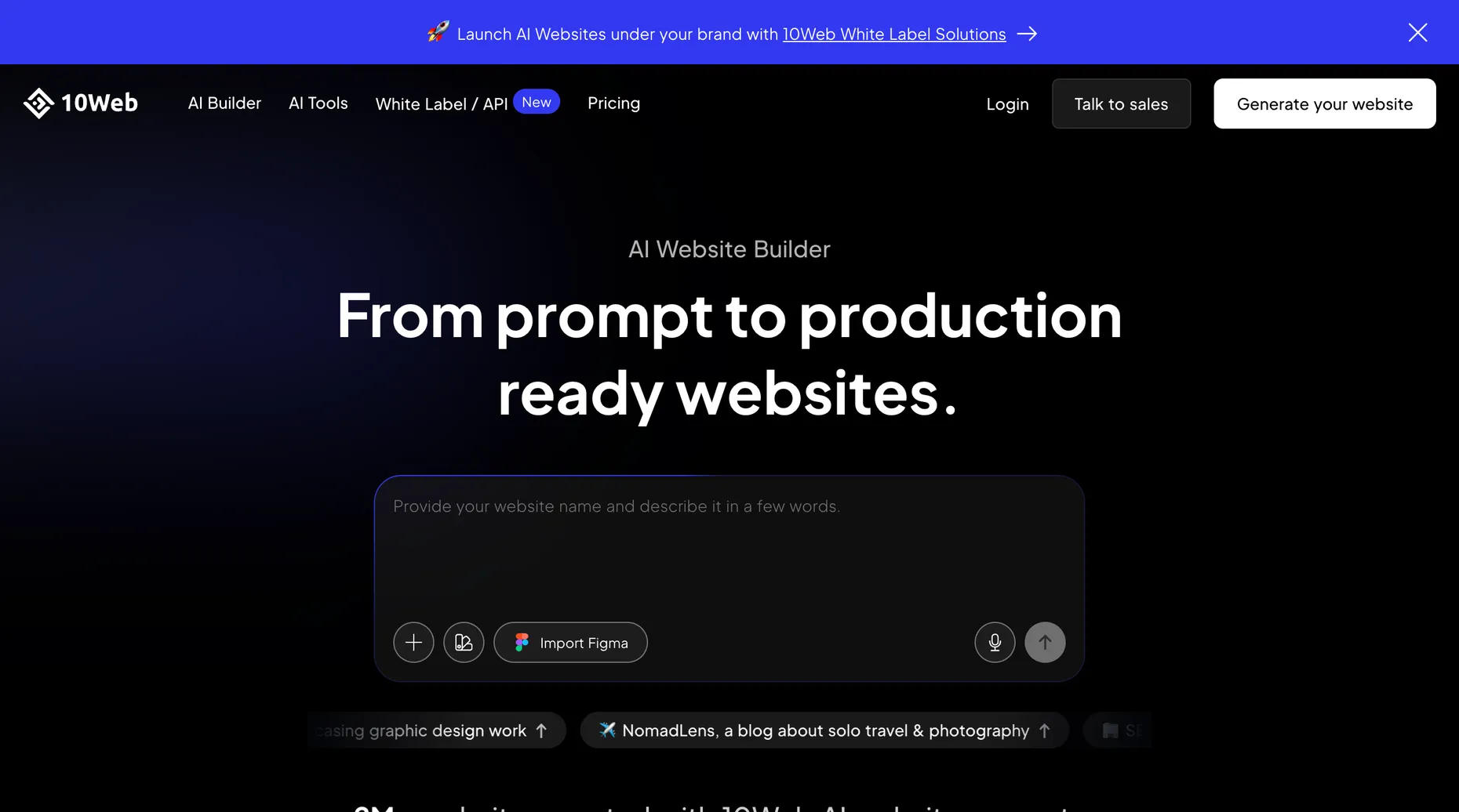 10Web AI Website Builder homepage showing prompt-to-website generation