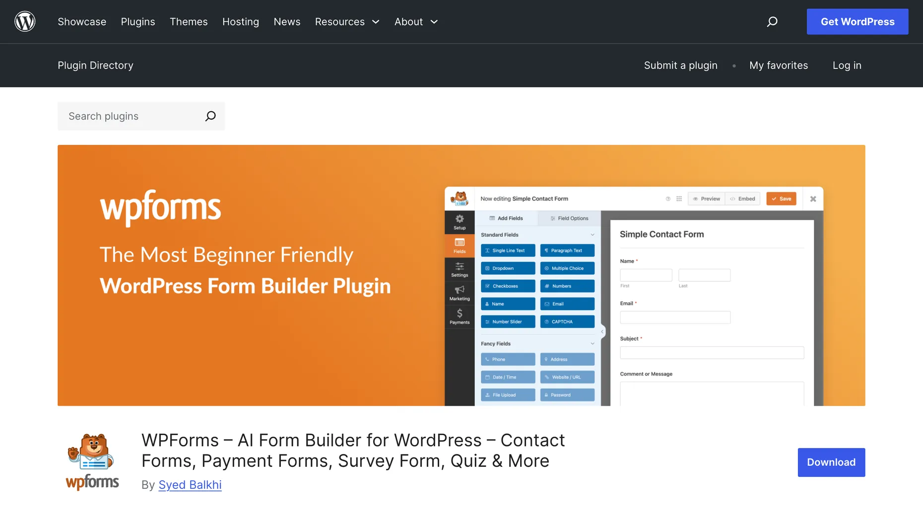 WPForms AI Form Builder plugin page on WordPress.org