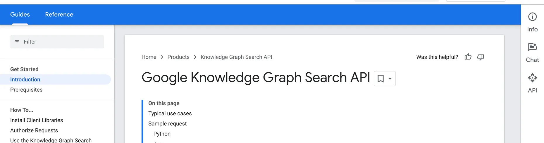 The Google Knowledge Graph Search API documentation page, which lets you find entities in the Google Knowledge Graph using schema.org types