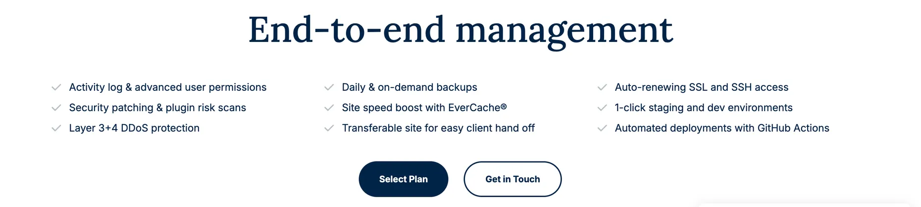 WP Engine End-to-end management panel listing activity log, security patching, DDoS protection, daily backups, EverCache speed boost, auto-renewing SSL, 1-click staging and GitHub Actions deployments