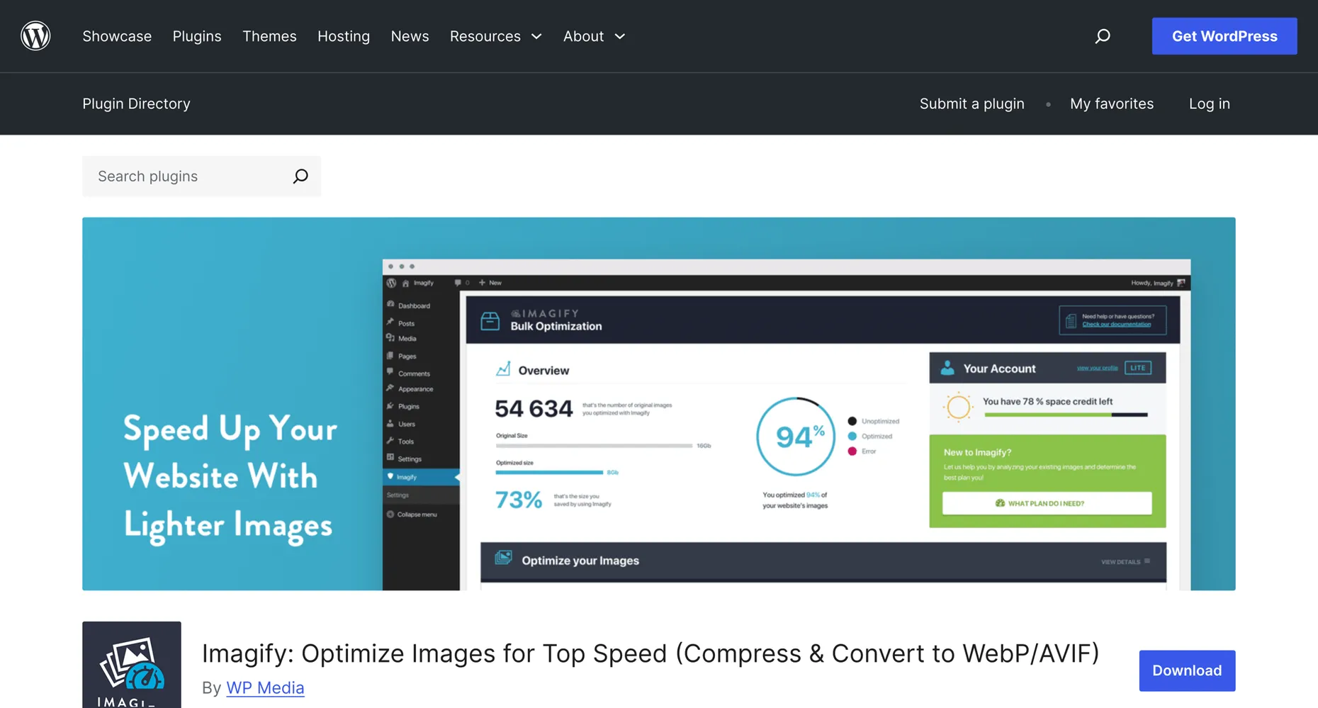 Imagify listing on the WordPress.org plugin directory, optimize images for top speed and convert to WebP and AVIF