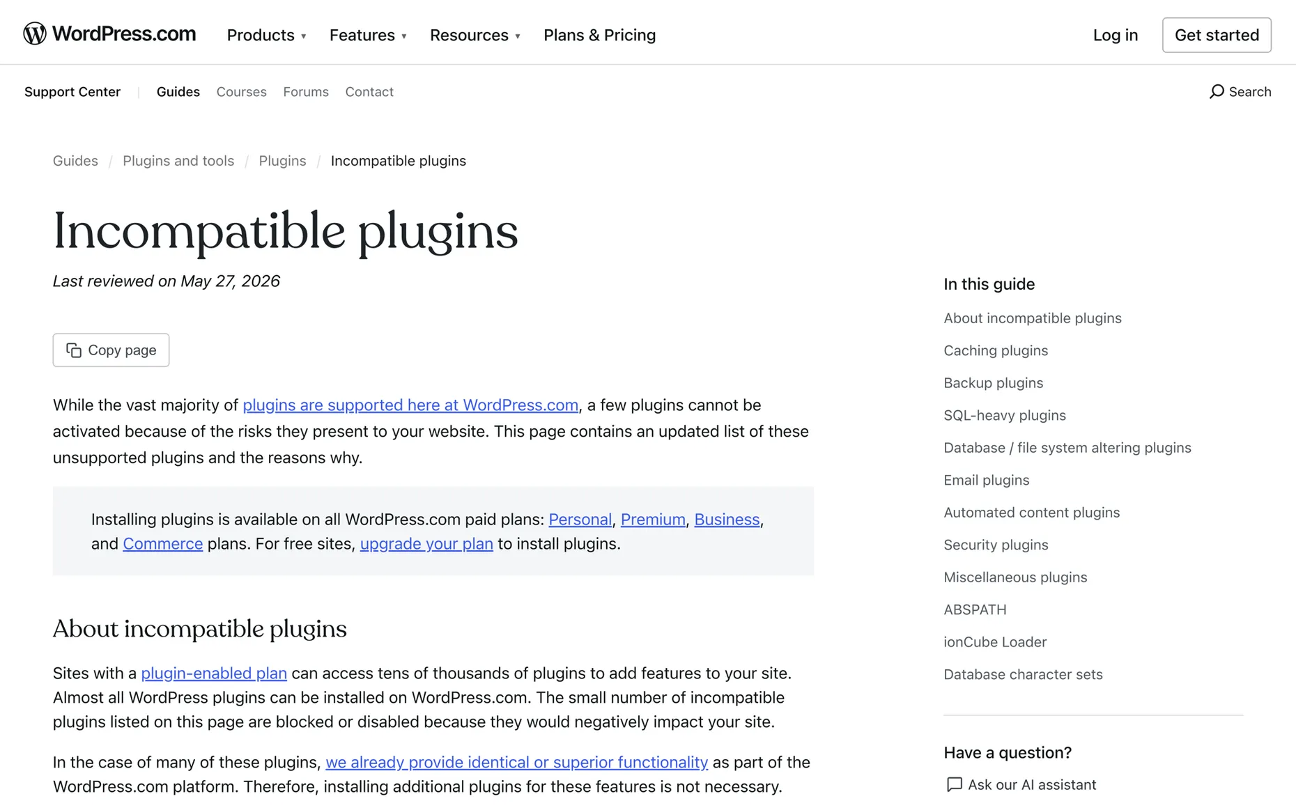 WordPress.com support page listing incompatible plugin categories: caching, backup, SQL-heavy, database, email, security