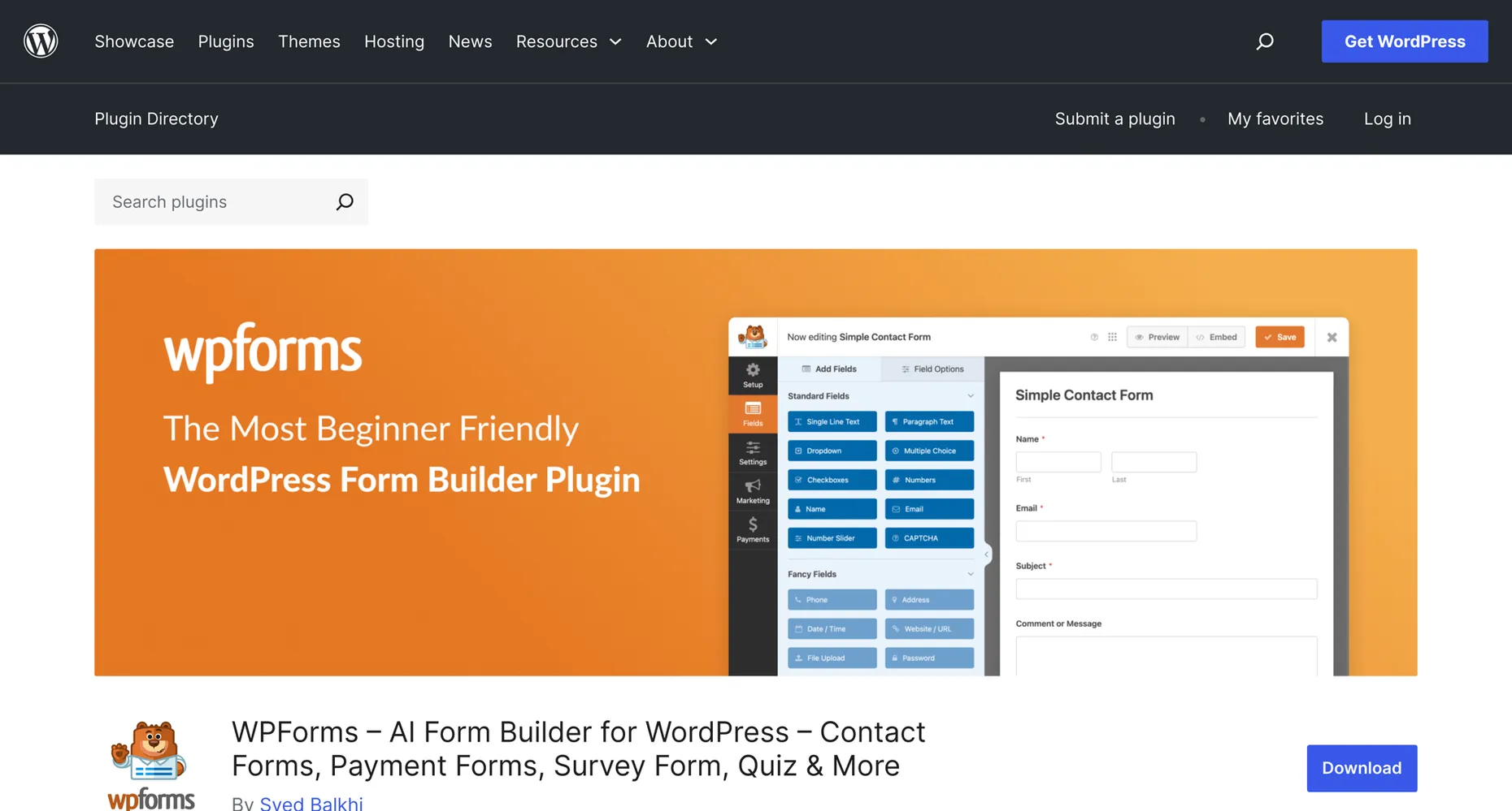 WPForms Lite listing on the WordPress.org plugin directory, the beginner-friendly WordPress form builder