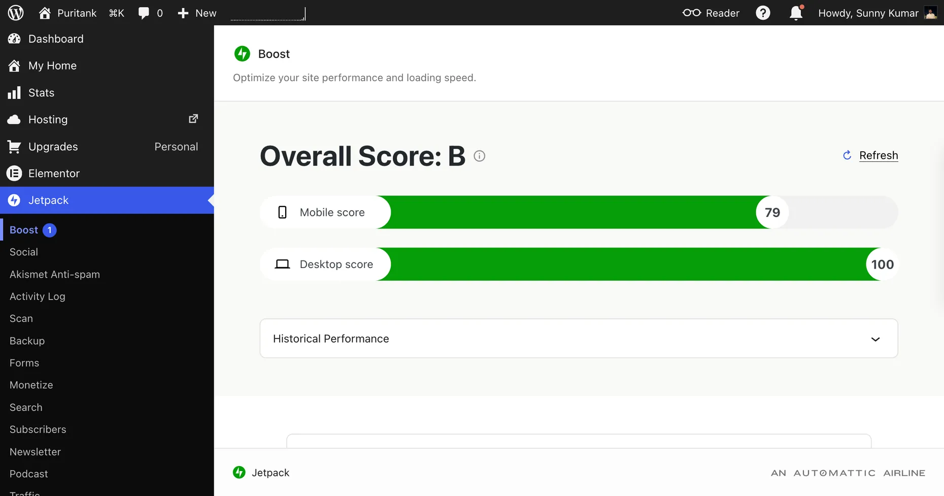Jetpack Boost dashboard on WordPress.com showing an overall score of B with mobile and desktop scores