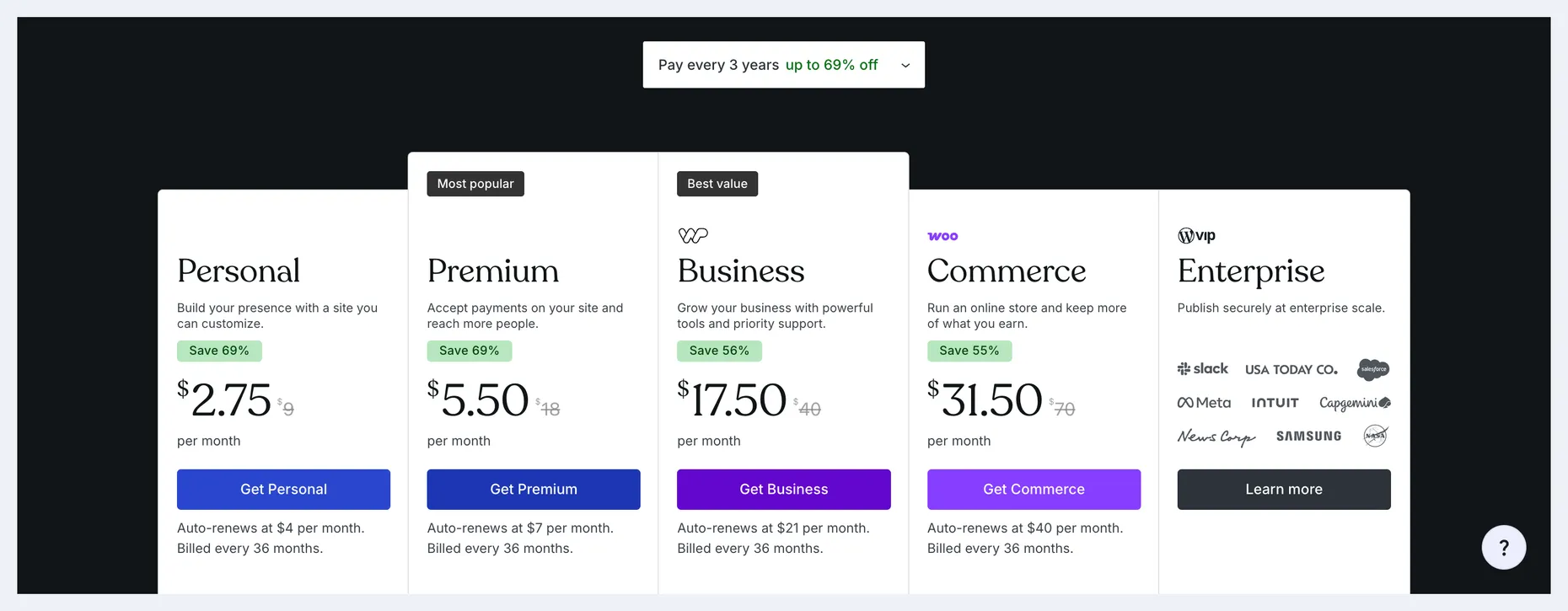 WordPress.com three-year pricing in USD: Personal $2.75/mo (Save 69%), Premium $5.50/mo (Save 69%), Business $17.50/mo (Save 56%), Commerce $31.50/mo (Save 55%), each with a free first-year domain