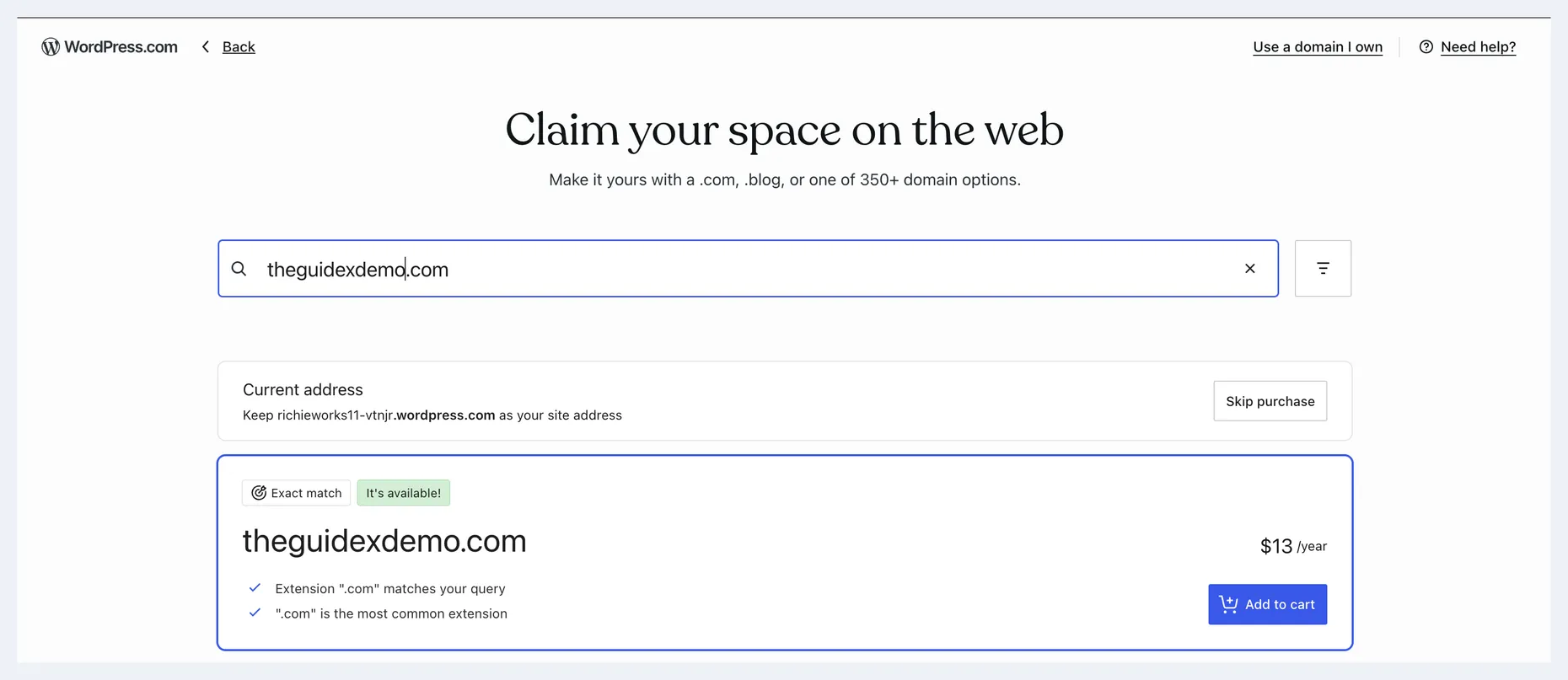 WordPress.com domain selection page titled ‘Claim your space on the web’ with a search box, an available .com domain shown at $13/year, and an Add to cart button