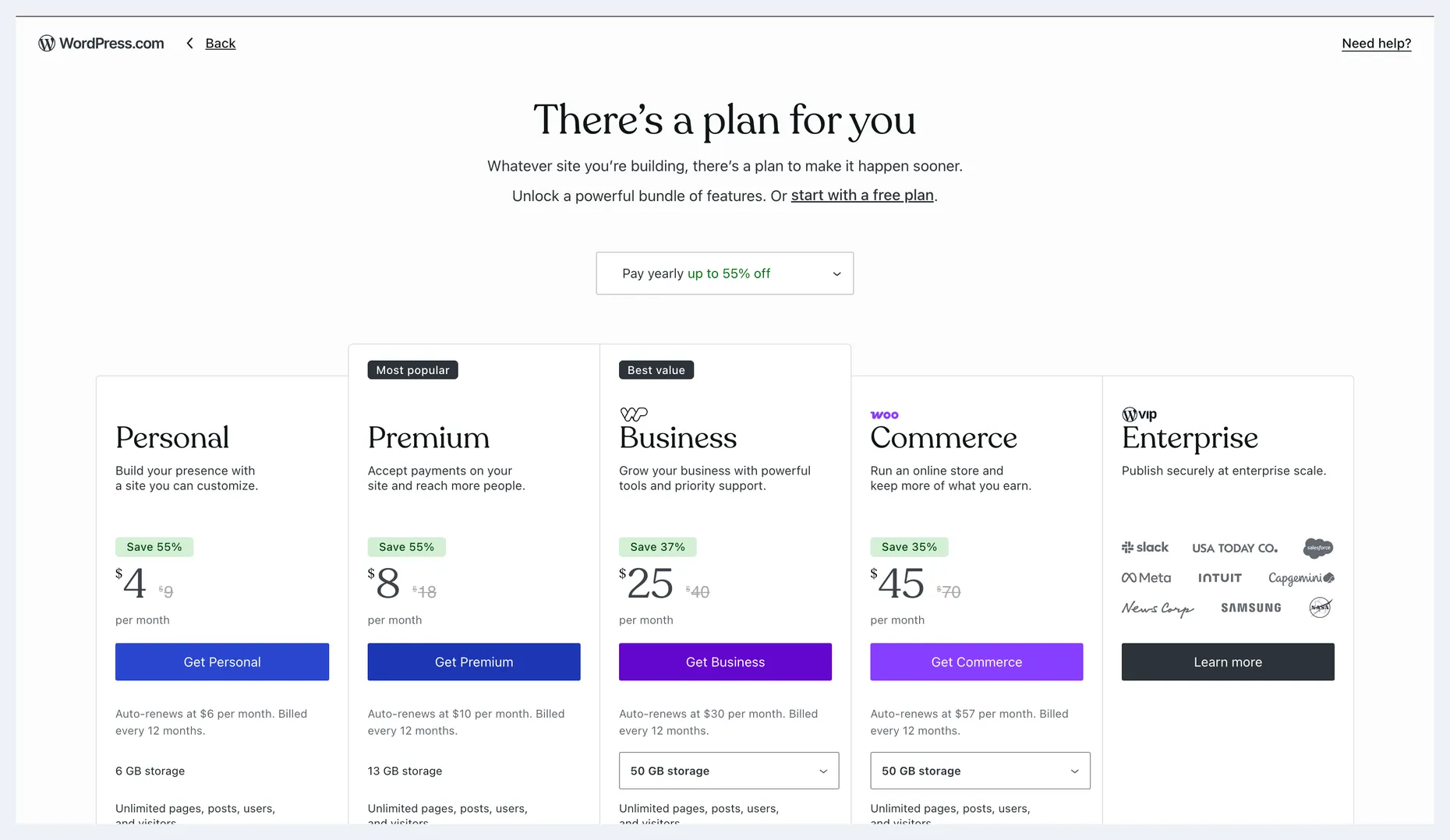 WordPress.com plans page in USD with the ‘Pay yearly — up to 55% off’ toggle and Personal $4, Premium $8, Business $25, Commerce $45 per month, each with a free first-year domain