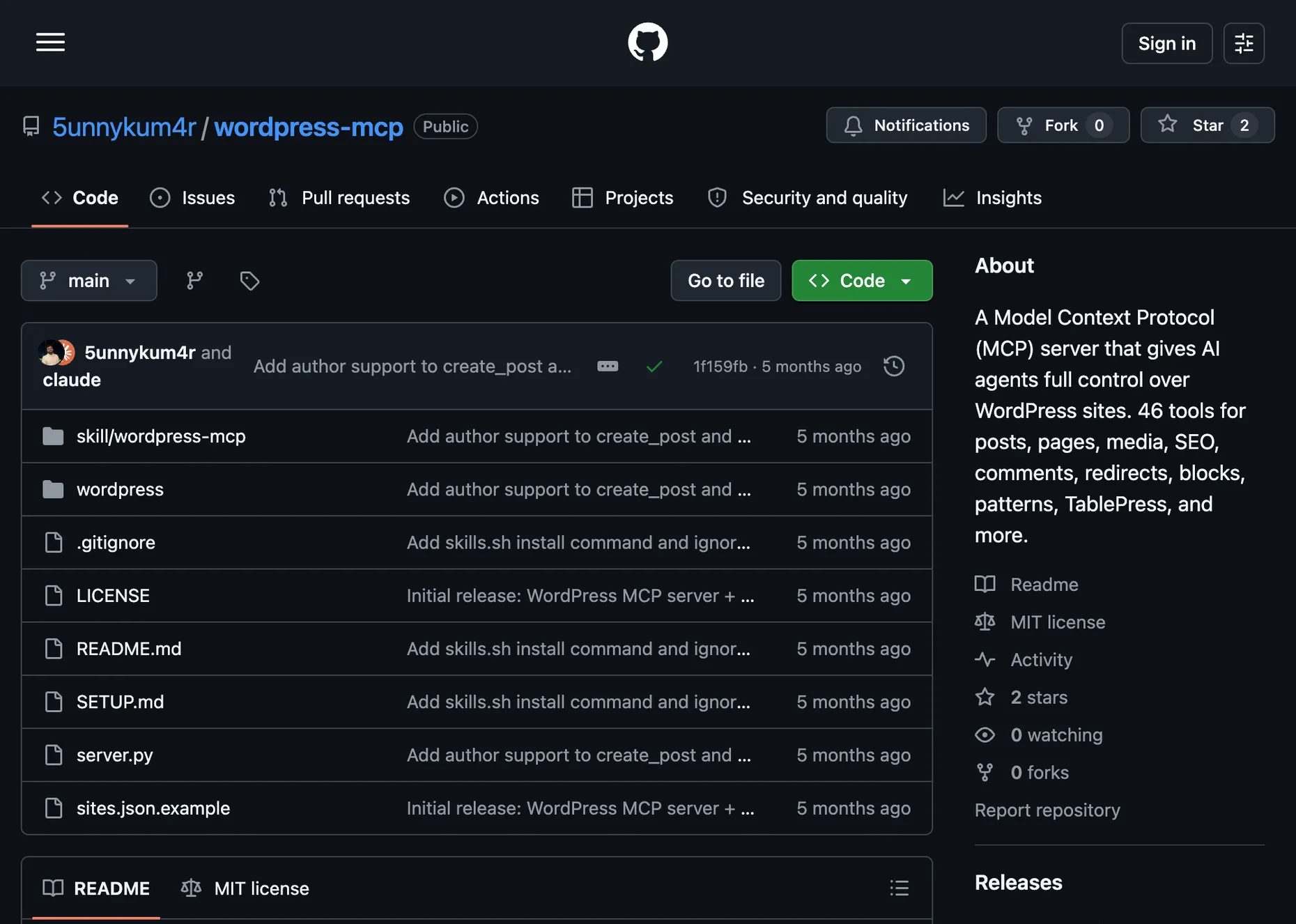 The wordpress-mcp GitHub repository showing the project files including server.py, sites.json.example, a WordPress adapter folder, a skills folder, an MIT license and the description: a Model Context Protocol server that gives AI agents full control over WordPress sites with 46 tools