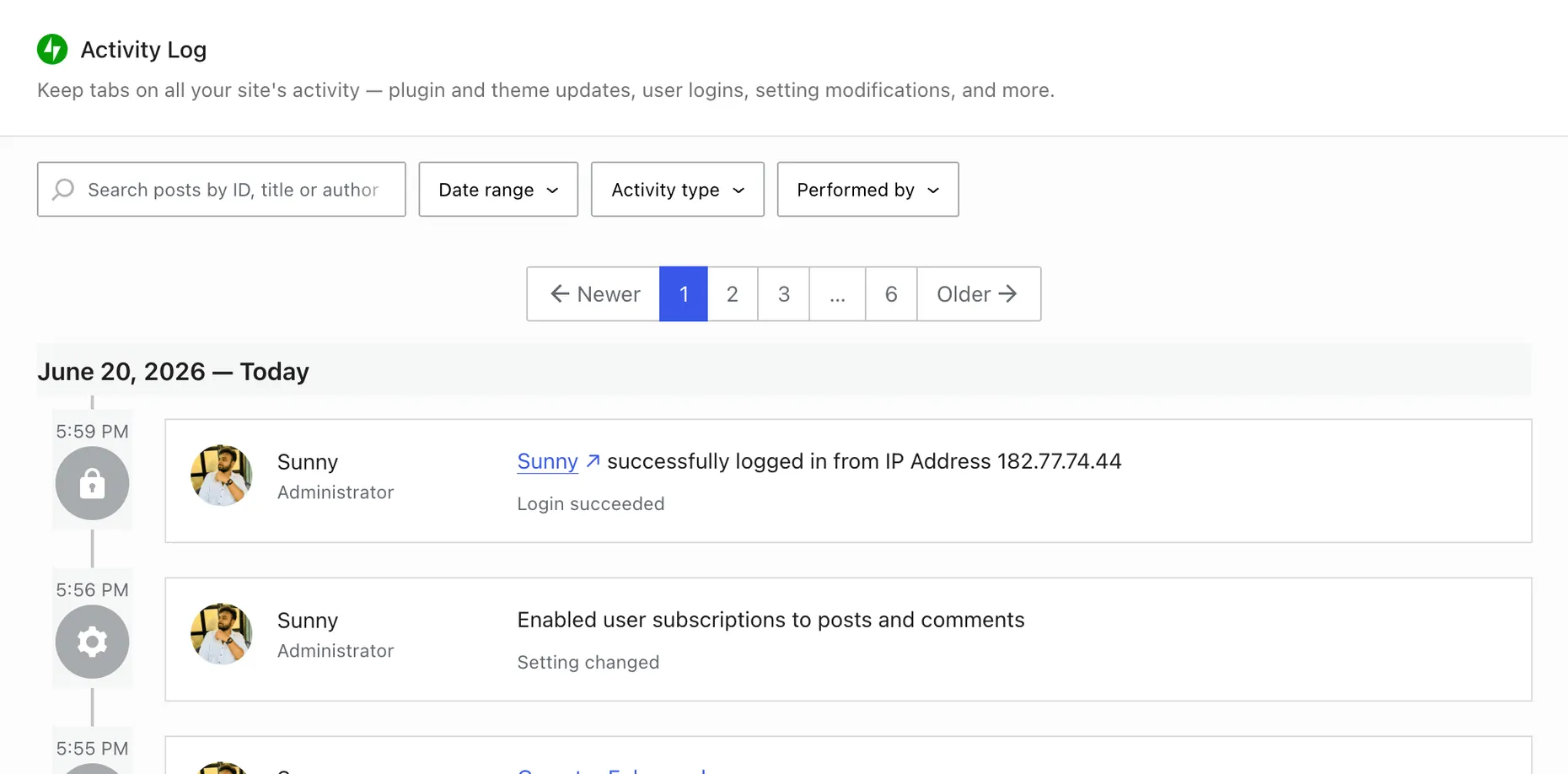 WordPress.com activity log showing logins and setting changes tracked automatically with timestamps