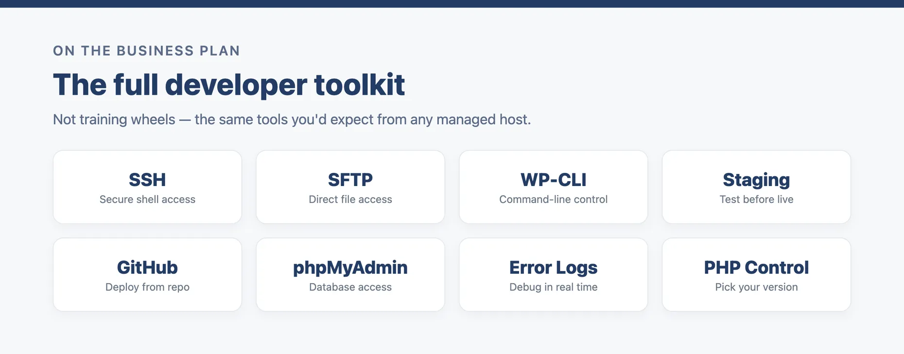 WordPress.com Business plan developer tools: SSH, SFTP, WP-CLI, staging, GitHub deploys, phpMyAdmin, error logs and PHP version control