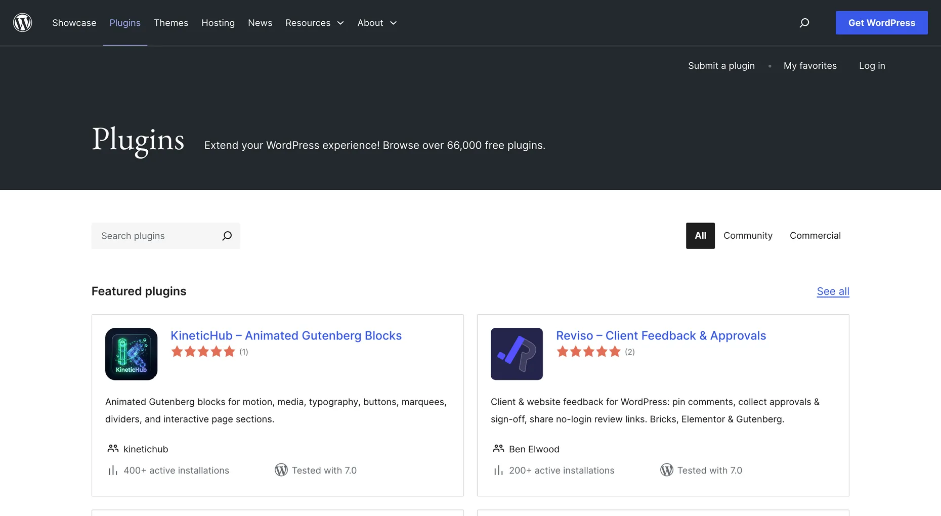 The WordPress.org plugin directory, heading Plugins, with the note Extend your WordPress experience, browse over 66,000 free plugins