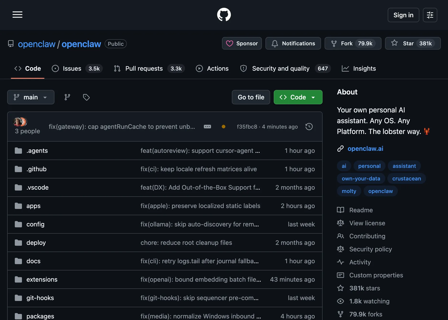 The openclaw/openclaw GitHub repository showing 381k stars, 79.9k forks, an MIT license, and the description: your own personal AI assistant, any OS, any platform, the lobster way