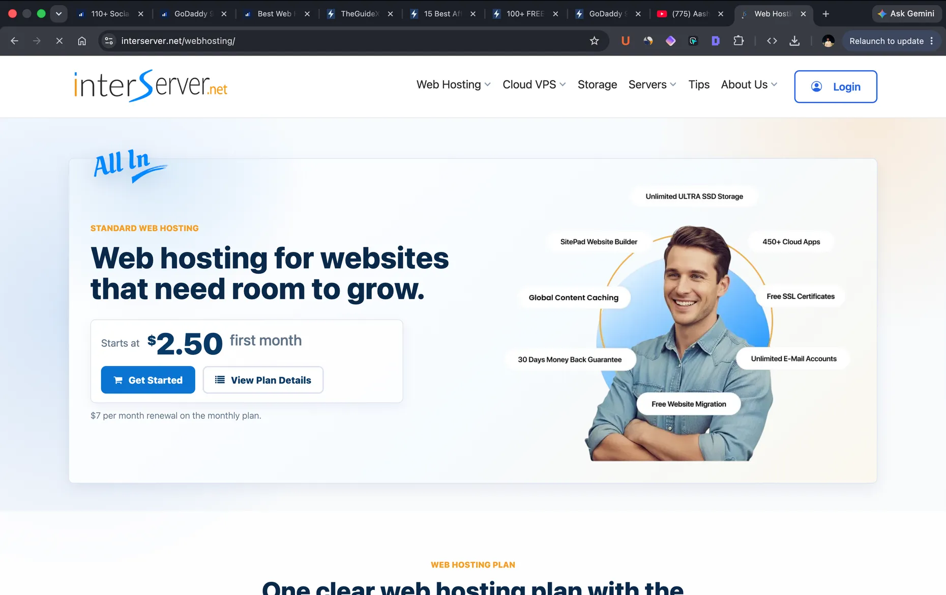 InterServer web hosting page showing $2.50 first month pricing